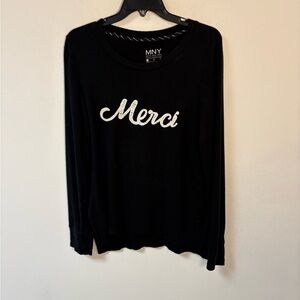 MNY Womens Long Sleeve Black Top Merci Script Across Chest Large